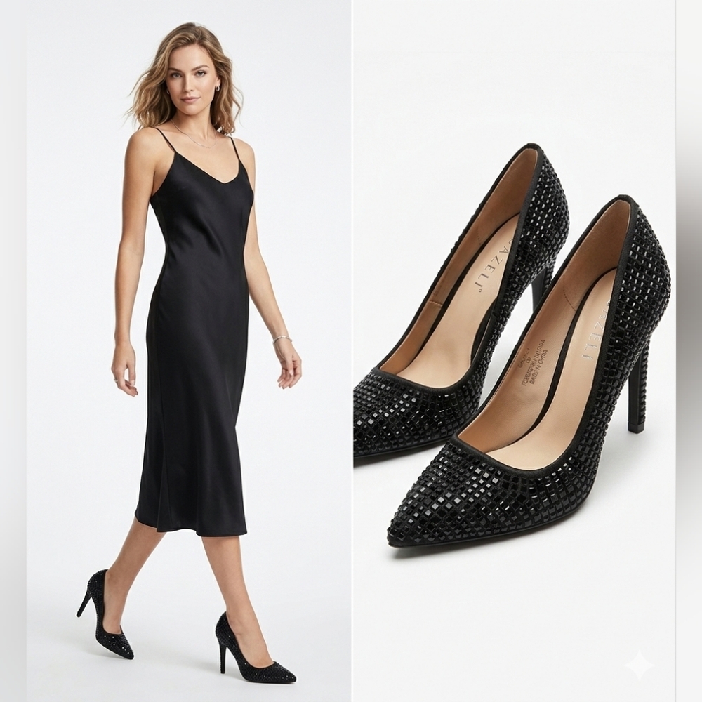 New Lauren Lorraine Crystal Studs Pointy toe Pumps Heels Embellished - Picture 9 of 9